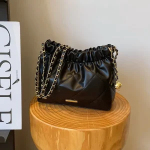 Soft PU Small Fashionable Pleated Chain Single Strap Shoulder Bag Summer Stylish Casual Drawstring Crossbody Bag