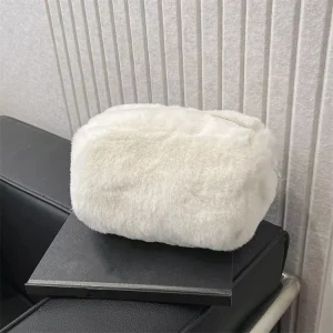 Solid Color Handheld Plush Women Makeup Bag Cosmetic Storage Bag Sherpa Tops Ladies Toiletry Bag Handbags