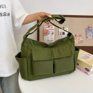 Solid Color Multi-Pocket Canvas Shoulder Bag for Women Portable Students Class Crossbody Bag Large Capacity Ladies Casual Tote