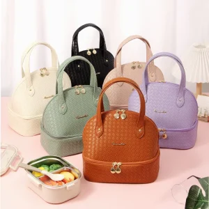 Solid Color PU Leather Student Lunch Bag Portable Insulated Design Modern Minimalist Style No Closure