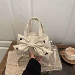 Solid Color Sweet Bowknot Women Shoulder Bag Casual Pu Leather Girls Small Crossbody Bags Simple Clutch Female Fashion Handbag