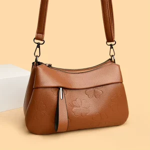 Solid Women’s Soft Leather Shoulder Bag Women’s Small Crossbody Bag with Embossed Designer