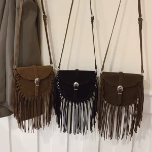 Sophisticated Matte Suede Tassel Saddle Bag Trendy Caramel toned Shoulder Crossbody Women Flap style Closure European American