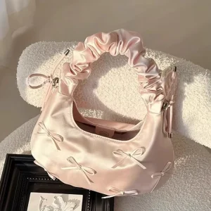 Spring New Korean Style Underarm Bag High-end Niche Pleated Bow Women’s Handbag Single-shoulder Zip Closure PU Cloud Bag