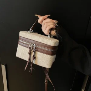 Spring Summer New Trendy High End Straw Woven Color Block Box Bag Single Strap Versatile Handbag Shoulder Crossbody Women’s
