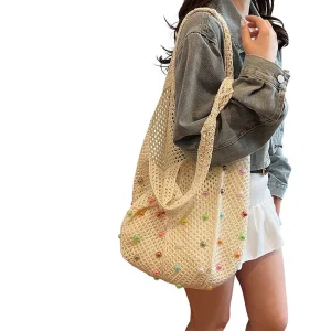 Spring Woven Linen Bags Women’s Hollow Open Two Handles Shoulder Seaside Vacation Tote Bag