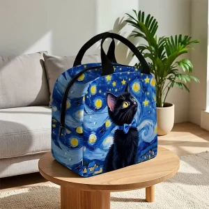 Starry Night Art Black Cat Print Insulated Polyester Lunch Bag Aesthetic Thermal Meal Tote Women Portable Picnic