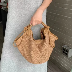 Straw Tote Women Knotted Handle Beach Shoulder Purse Large Capacity Casual Summer Vacation Dumpling Handbag with Leather Trim