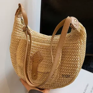 Straw Woven Crossbody Bag for Women Beach Travel Hobo Purse Rattan Shoulder Bag with Front Pocket and Adjustable Strap