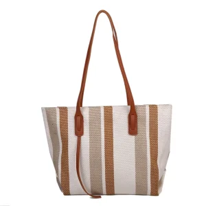 Striped Cotton Canvas Tote Concise Bags Small Medium Shoulder Bag Daily Working Handbag for Holiday Travel Pool Shopping