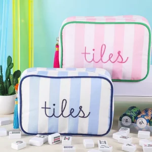 Striped Polyester Zipper Pouch with Embroidery Tassel Multifunctional Portable Storage Bag for Mahjong Tiles Travel Cosmetics