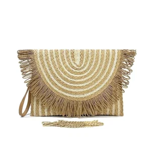 Striped Weaving Tassel Straw Women’s Clutch Envelope Bag Eco-Friendly Lightweight Cross-Body Shoulder Travel Beach
