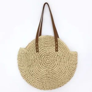 Summer Bohemian Fashion Lady’s Large Capacity Woven Tote Handbag Zip Closure Beach Basket Shoulder Bag Two Handles for Travel
