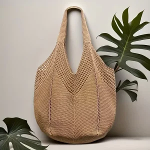 Summer Fashion Casual Tote Handbag Women’s Woven Two Shoulder Straps Waterproof Custom Logo Net Bag Seaside Travel Style