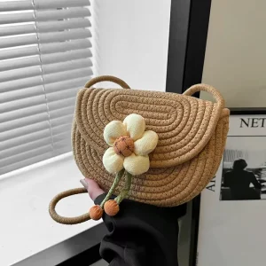 Summer Flower Straw Shoulder Shell Bags for Women Fashion Beach Vacation Ladies Crossbody Bag Purse Casual Female Phone Handbags