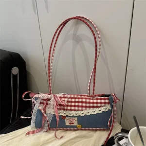 Summer Korean Style Casual Plaid Underarm Bag for Women Sweet Bowknot Single Shoulder Bag