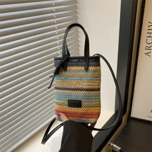 Summer New Trendy Korean Version Crossbody Bag For Women Contrast Color Woven Straw Polyester Open Mobile Phone Holder