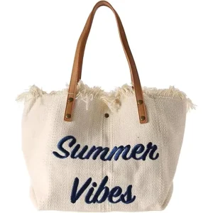 Summer Vibes Embroidered Canvas Tote Bag Large Capacity Fringe Beach Shoulder Bag Reusable Casual Shopping Handbag