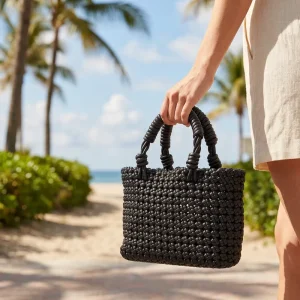 Summer Women Handmade PU Woven Tote Casual Shoulder Bags Black Handbags Bucket Custom Clutch Bag