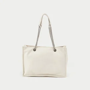 Sustainable Vegan Leather White Color Puffy Plain Leather Women Shoulder Bag with Silver Chain