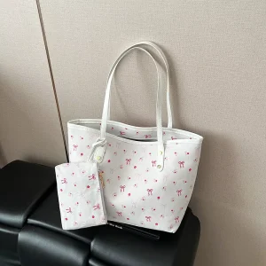 Sweet Bow Floral Pu Leather Shoulder Bags for Women Large Capacity Ladies Tote Bag College Style Girls Handbags with Wallet