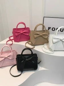 Sweet Fresh Fashionable Small Square PU Summer Women’s Crossbody Bag with Rotary Buckle and Bow Detail