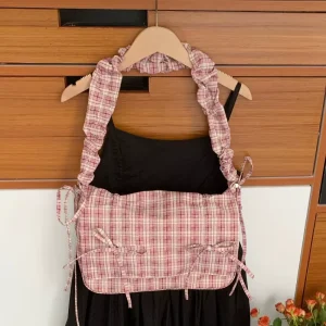 Sweet Geometric Women’s Shoulder Bags Bowknot Fold Design College Girls Crossbody Bag Large Capacity Plaid Underarm Bag Handbags