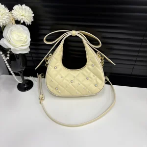 Sweet Girl Style Pearl Crescent Soft Leather Bow Clutch Crossbody Shoulder Bag Factory Direct