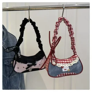 Sweet Lace Bow Women’s Shoulder Bags Contrast Color Plaid Ladies Lightweight Underarm Bags Pleated Design Female Hobos Handbags