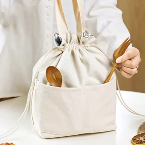 Thickened Portable Canvas Lunch Bag with Zipper Closure Insulated Lunch Tote Cooler for Kids Students Office Workers
