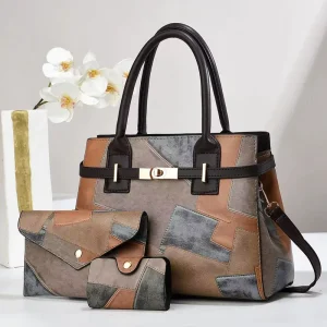 Three-Piece Set Mother-and-Child Bags Patchwork Large-Capacity Womens Shoulder/Crossbody Handbags Zipper Closure PU Material