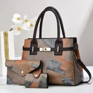 Three piece Set of Handbag and Clutch Patchwork Large capacity Womens commuter Tote with Zipper Closure and Cotton Lining