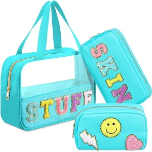 Transparent 3pcs Lady Cosmetic Bag Set Travel Waterproof PVC Makeup Pouch with ZIP Closure Letter Pattern Two Straps