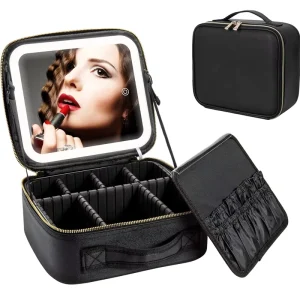 Travel Makeup Bag with LED Light Mirror Large Capacity Portable Cosmetics Storage