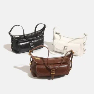 Trendy Vintage Lady Fashion Adjustable Single Strap Shoulder Bag Women Handbags Vegan PU Leather Polyester Zipper Closed