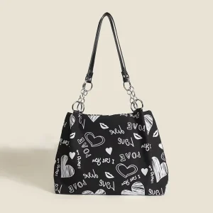 Two Straps Chains Printing Pattern Gift Large Purse Waterproof Nylon Tote Shoulder Bag Graffiti Trendy