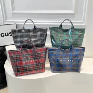 Tyvek PVC Two-Zip Tote Bag Waterproof Plaid Design Large Portable Travel Shopping Commuting Shoulder Bag