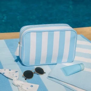 US Warehouse Blue Striped Large Capacity Toiletry Bag Waterproof Women Summer Beach Storage Nylon Cosmetic Bag Pouch