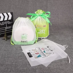 UniOne Custom Printed Logo Large Plastic Drawstring Bag CPE Plastic Frosted Pouch Gift Packaging Poly Bag for Cotton Tissue