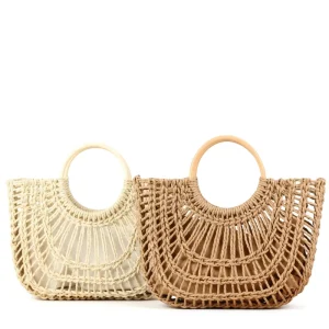 Unique Hand-woven Straw Bag Women Rattan Beach Handbag Purse Retro Rattan Tote Clutch Travel Bag Wood Round Handle Decorated Bag