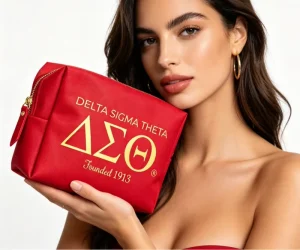 Unisex Sorority Delta Sigma Theta PU Leather Water Resistant Travel Cosmetic Bag with Licensed Design and Zipper Closure