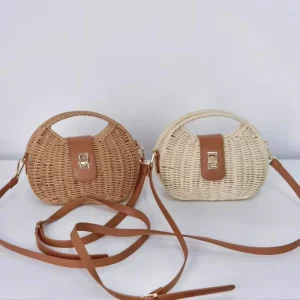 Vacation Style Bohemian Shell-Shaped Half-Moon Iron Frame Paper Rope Handheld Crossbody Double Back Handbags Woven Bag