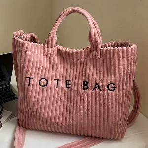 Versatile Velvet Magnetic Buckle Women’s Handbag with Casual Letter Design and Striped Fleece Tote Bag