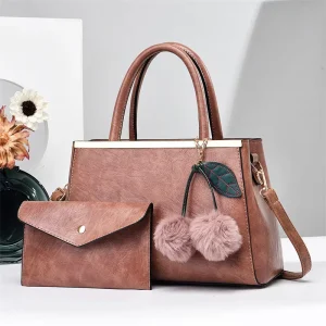 Vintage 2 Pieces Set Tote Bags Large Capacity Bucket Bags with Fur Ball Keychain Handbags for Lady