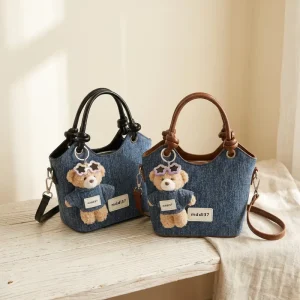 Vintage Blue Denim Crossbody Bag with Knotted Handle Trendy Small Jean Shoulder Bag for Women Daily Use