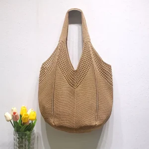 Vintage Crochet Tote Bag Polyester Knitted Shoulder Bag Lightweight&Durable for Travel Beach Daily Use Women’s Fashion Accessory