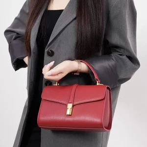 Vintage Design Genuine Leather Pure Color Shoulder Bags Custom Embossed Logo Square Women Handbags