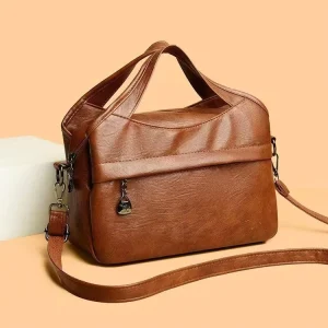 Vintage Fashion Large Capacity Three Strap Crossbody Bag Solid Color PU Leather with Zipper Closure Portable