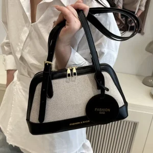 Vintage Fashion Women’s Winter Summer High End Feel Linen Patchwork Boston Crossbody Shoulder Bag Two Straps Zipper Closure