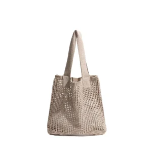 Vintage Knit Bag Lady’s Wool Tote Shopping Shoulder Bag Two Hand Woven Mesh Hollowed-Out Design Polyester